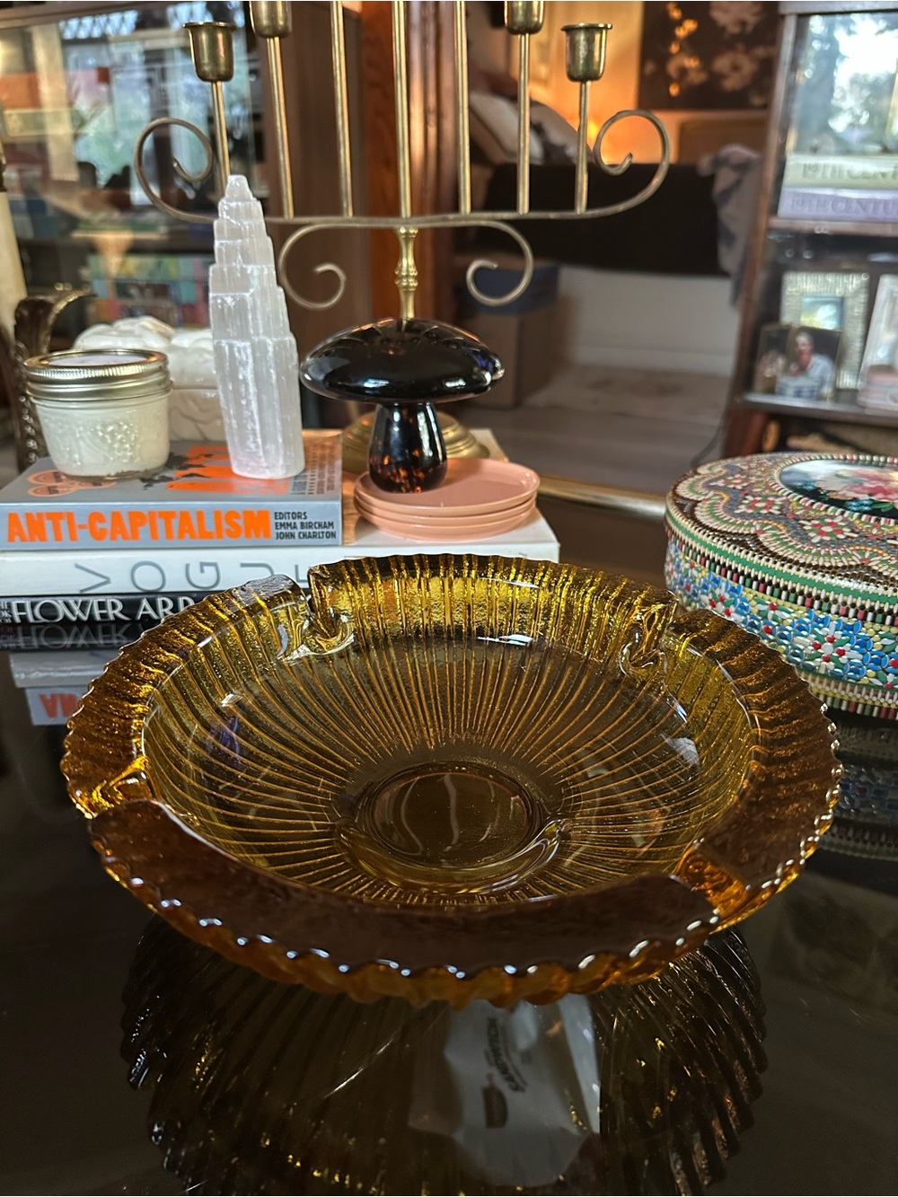 Vintage Blenko Honey Amber 9” Round Glass Ashtray / Throw Dish